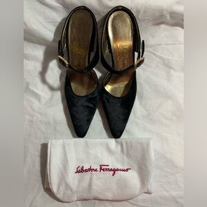 Salvatore Ferragamo Black Velvet Pointed-Toe Mary Jane Heels with Gold Accents